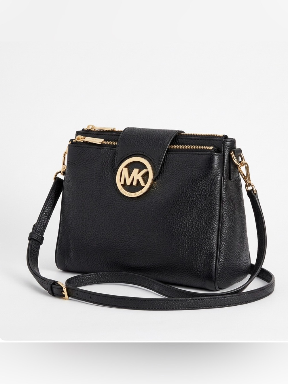 MICHAEL KORS BLACK CROSSBODY BAG PEBBLED LEATHER TOP ZIPPER POCKETS